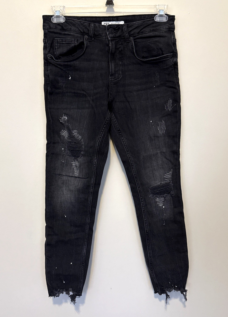 Zara Men's Skinny Fit Sz 31 Paint Splash Jeans Faded Black Ripped Denim Distress
